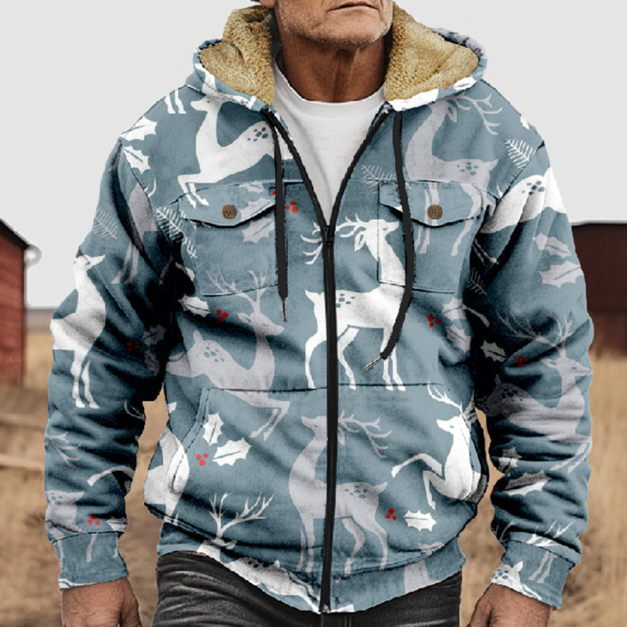 

Sudadera De Forro Polar Con Capucha Y Bolsillo Con Cremallera Y Estampado De Alces Navideños En 3D Para Hombre