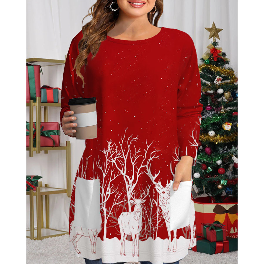 

Женская свободная футболка с длинным рукавом и карманами рождественский топ