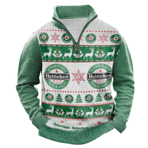 Busch Classic Ugly Christmas 1/4 Zip Stand Collar Sweatshirt - Cotosen.com