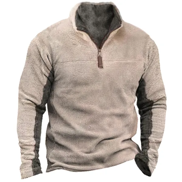 Men's Vintage Fleece 1/4 Zipper Patchwork Casual Brushed Heavy Sweatshirt