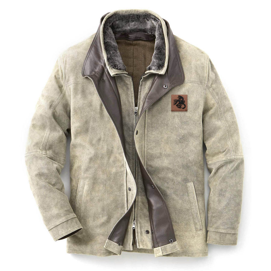 

Мужская куртка винтажное замшевое пальто с воротником из овчины и карманом из лося