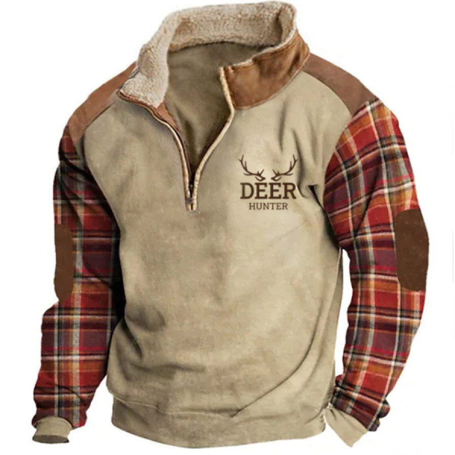 

Herren Hunter Moose Henley Stehkragen-Sweatshirt Outdoor Retro Kontrastfarbe Plaid Fleece Taktisches Oberteil