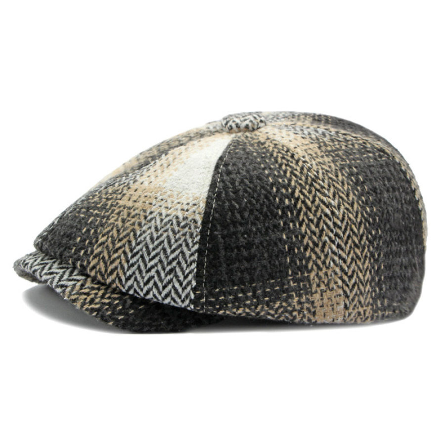 

Unisex Britische Vintage Karierte Achteckige Baskenmütze