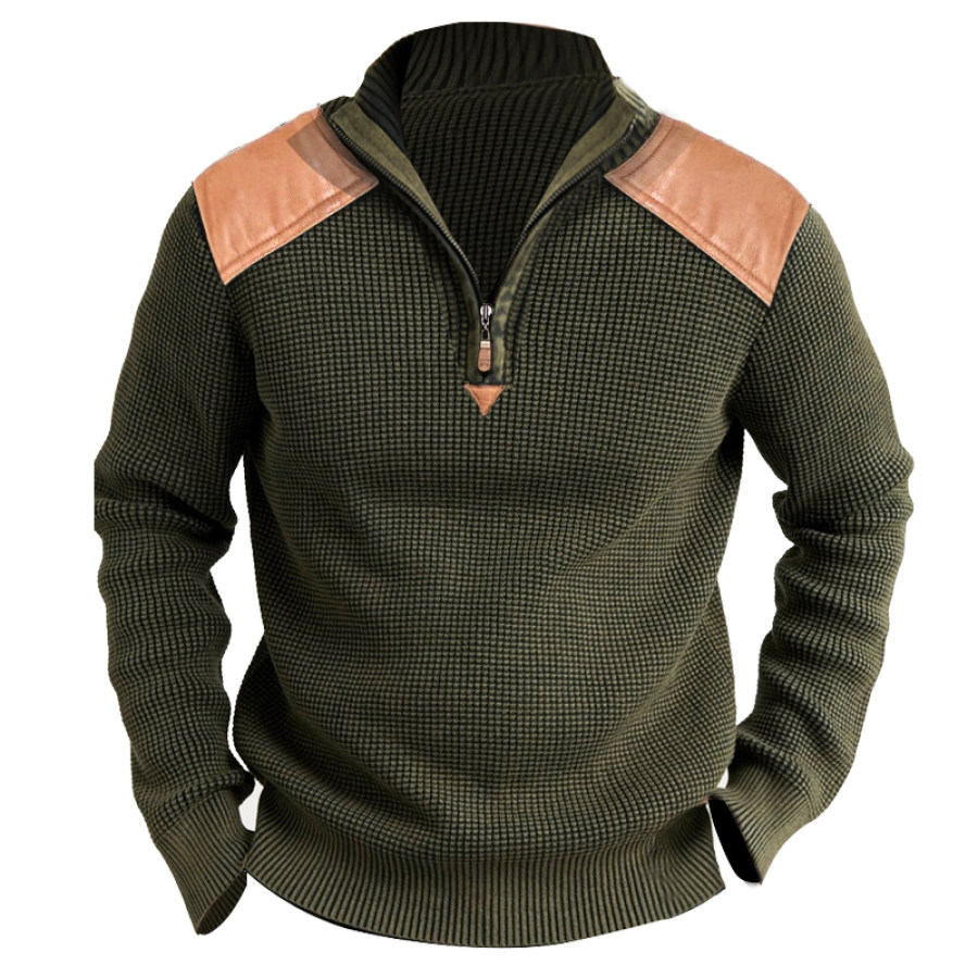 

Sudadera Informal De Tejido De Punto De Gofre Acanalado Para Hombre Polo Retro De Manga Larga Con Cremallera De 1/4 Y Cuello Alto Polo Grueso Para Otoño E Invierno