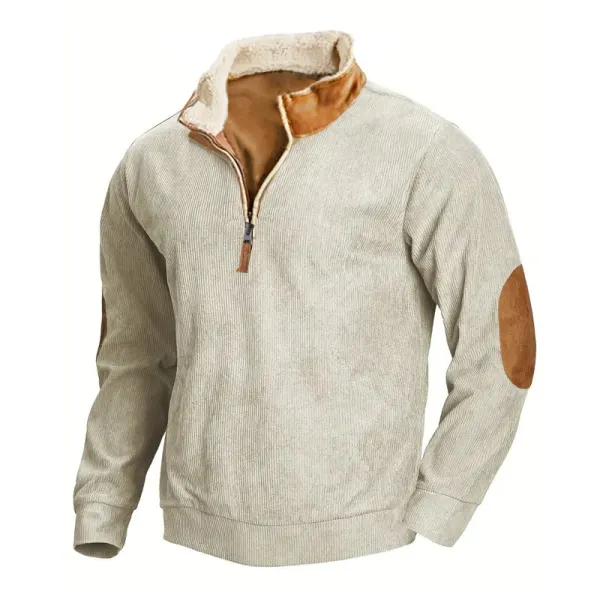 Ribbed Men's Casual Retro 1/4 Zip Stand Collar Corduroy Sweatshirt Thickr Long Sleeve Elbow Patch Polo Shirt Fall Winter - Cotosen.com