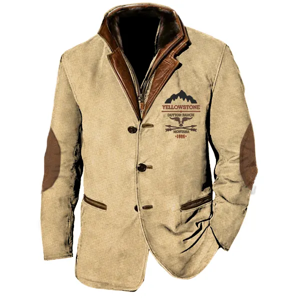 Men Vintage Yellowstone Cargo Blazer Jackets Double Layer Lapel Fur Leather Collar Medium Length Coats - Cotosen.com 