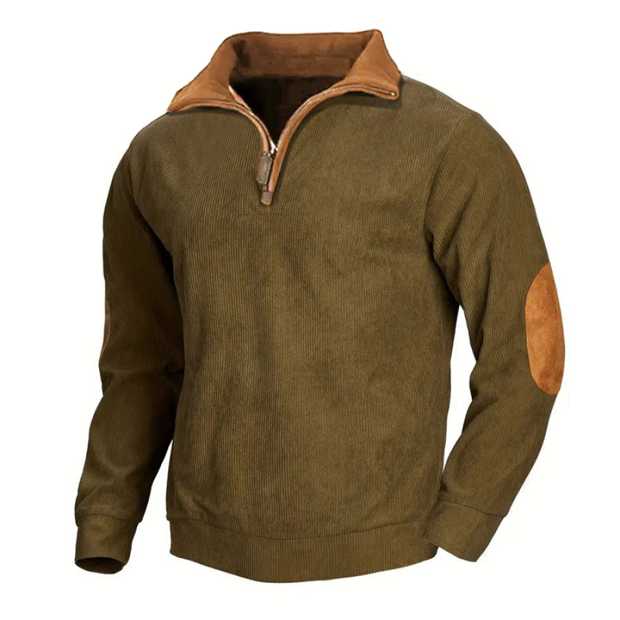 

Polo En Daim Pour Hommes Décontracté Rétro Fermeture éclair 1/4 Col Montant Sweat-shirt épais En Velours Côtelé Manches Longues Patch Sur Les Coudes Automne W