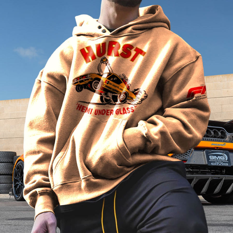 

Übergroßer Herren-Kapuzenpullover Mit Retro-Racing-Accessoires-Aufdruck