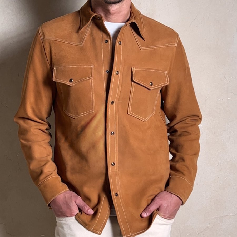 

Мужская замшевая куртка-рубашка в стиле вестерн с карманами в винтажном стиле