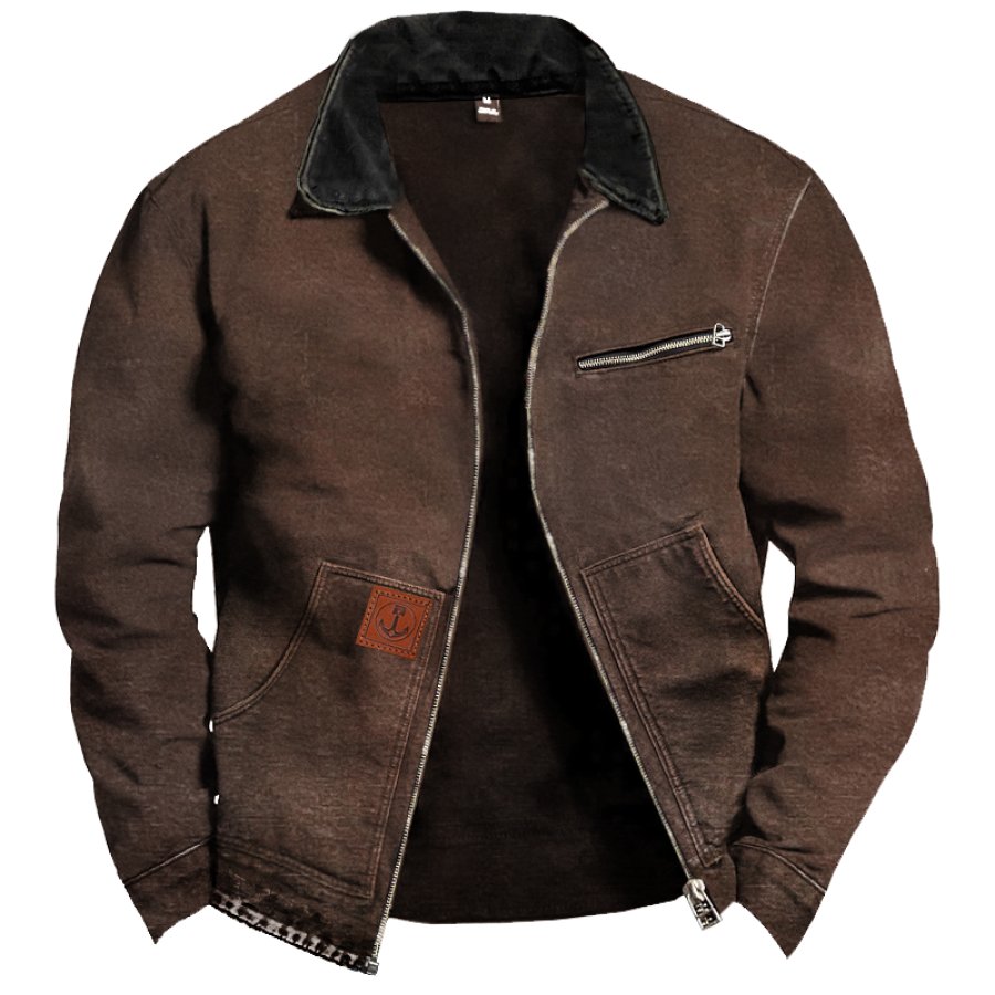 

Herren-Hemdjacke Im Vintage-Stil Mit Farbblock-Western Und Reißverschlusstasche