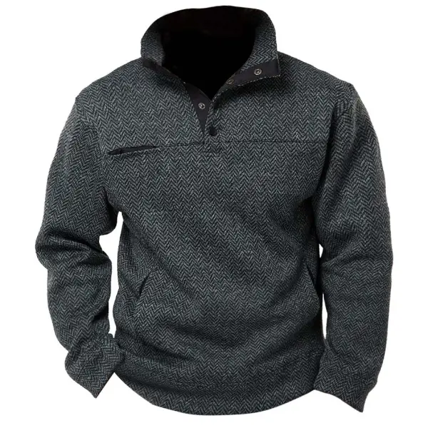 Men's Sweatshirt Snap Vintage Herringbone Tweed Pocket Daily Tops Pullover - Cotosen.com