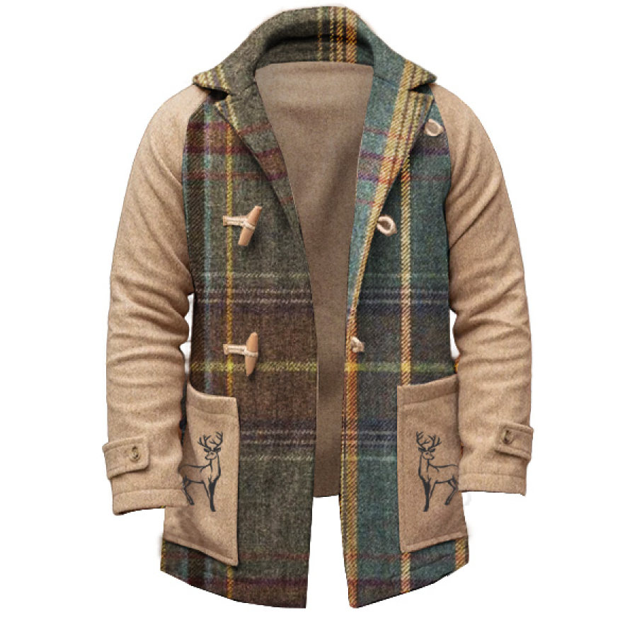 

Men Outdoor Christmas Elk Plaid Wool Duffle Tweed Coat Horn Buckle Long Casual Coat Khaki Retro Mid-length Jacket