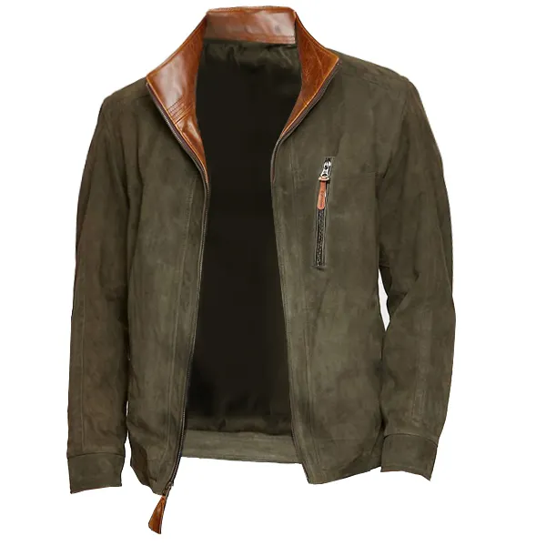 Men's Vintage Suede Flight Jacket Outdoor Stand Collar Polo Zip Pockets Coat - Cotosen.com