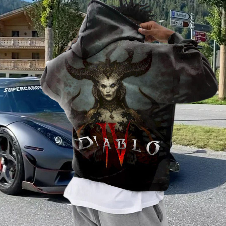 

Übergroßer Herren-Hoodie Mit Vintage-Diablo-Print