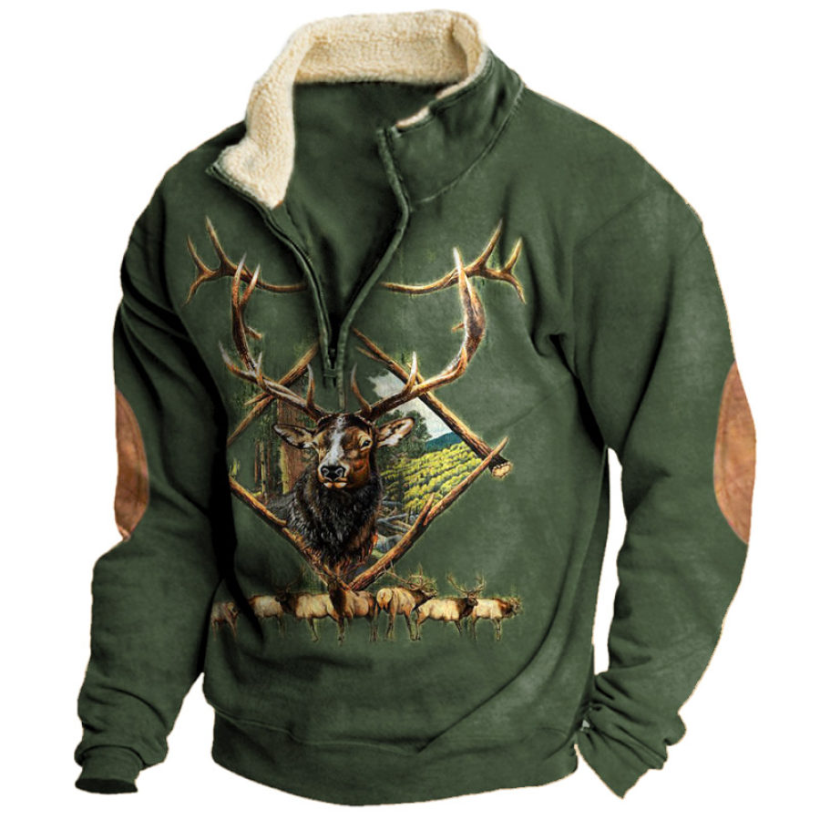 

Sudadera Para Hombre Jersey De Cuello Medio Abierto De Felpa Con Estampado De Alces Vintage