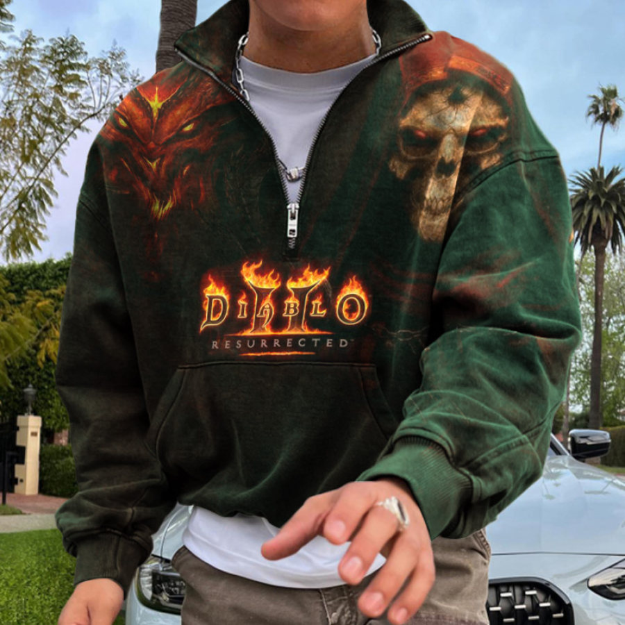 

Übergroßer Herren-Hoodie Mit Vintage-Diablo-Print In Grün