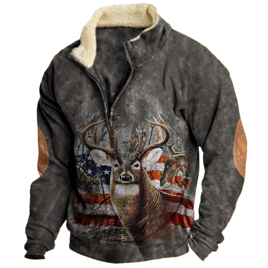 

Sudadera Para Hombre Con Estampado De Alces Y Bandera Americana Vintage De Felpa Con Cuello Medio Abierto