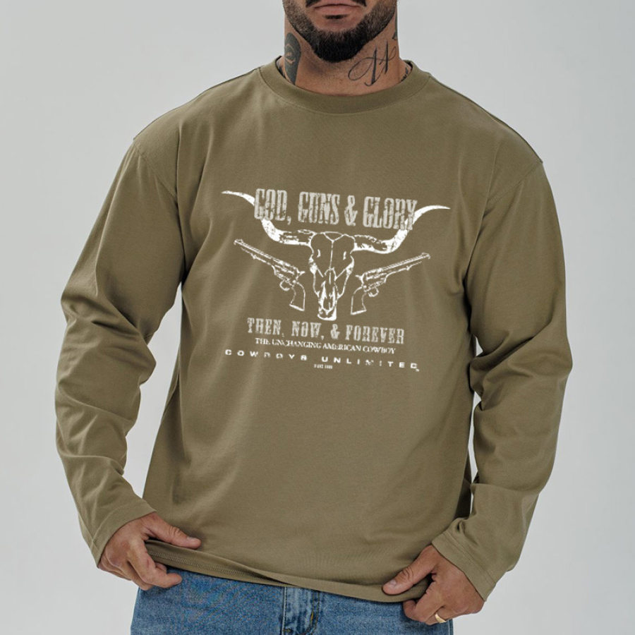 

T-shirt à Manches Longues Pour Hommes Vintage God Guns & Glory Cowboys Pull