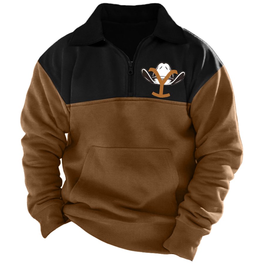 

Sudadera Retro Con Cuello Con Cremallera Y Estampado De Bloques De Color Western Yellowstone Para Hombre