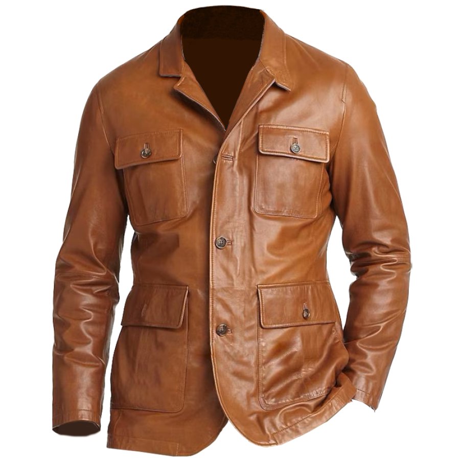 

Мужская винтажная мотоциклетная кожаная куртка с несколькими карманами