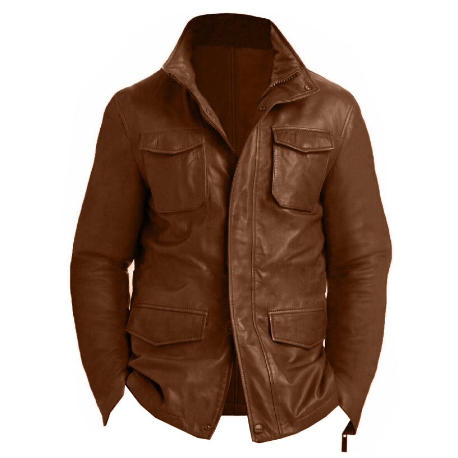 

Chaqueta De Cuero De Moto Vintage Con Múltiples Bolsillos Y Mangas Con Cremallera Para Hombre