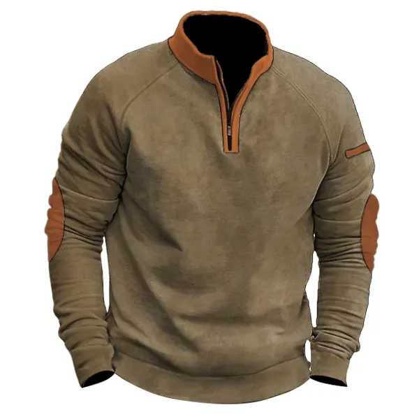 Men's Sweatshirt Vintage Quarter Zip Elbow Patch Colorblock Daily Tops - Cotosen.com