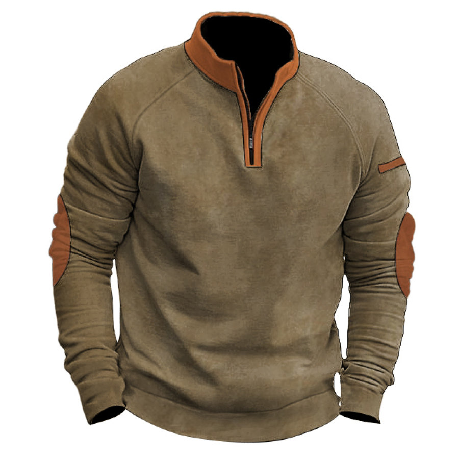 

Sweat-shirt Vintage Pour Hommes Quart De Zip Patch Sur Les Coudes Color Block Hauts Quotidiens