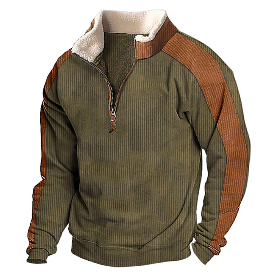 

Sweat-shirt Pour Hommes Quart De Fermeture éclair Vintage Velours Côtelé Col En Peluche Blocs De Couleurs Hauts Quotidiens