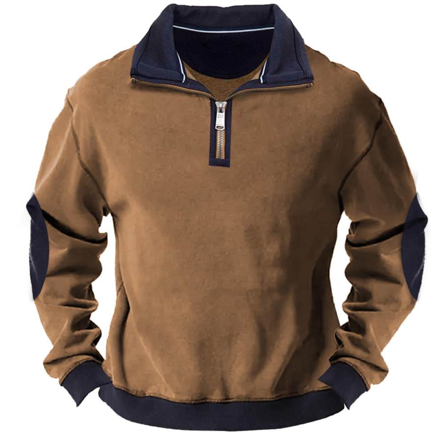 

Sweat-shirt Vintage Pour Hommes Quart De Zip Color Block Patch Sur Les Coudes Hauts Quotidiens