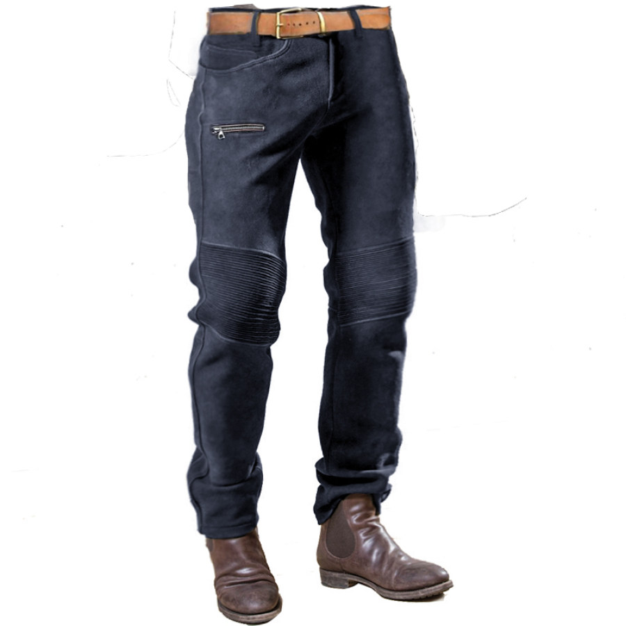 

Pantalon En Daim Vintage Pour Hommes Matelassé Au Genou Pour L'extérieur Décontracté Moto Poche Zippée Pantalon Droit