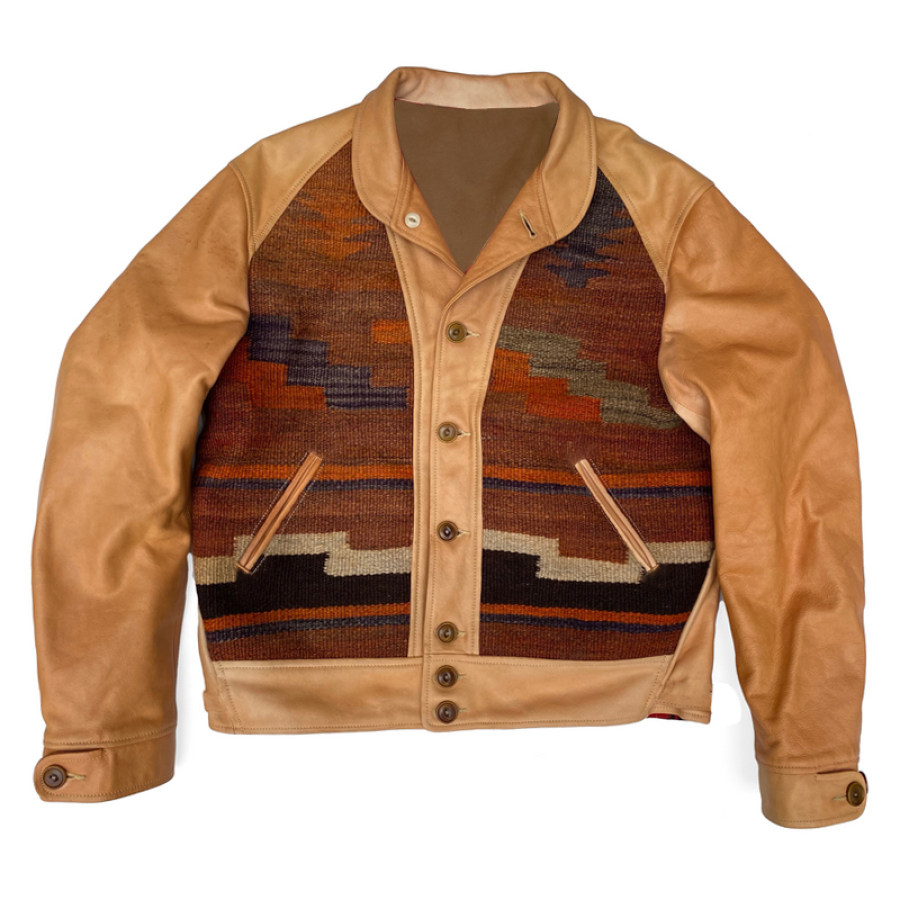 

Chaqueta De Cuero De Retales Con Estampado étnico De Motocicleta Para Hombre Chaqueta De Bombardero Retro Al Aire Libre