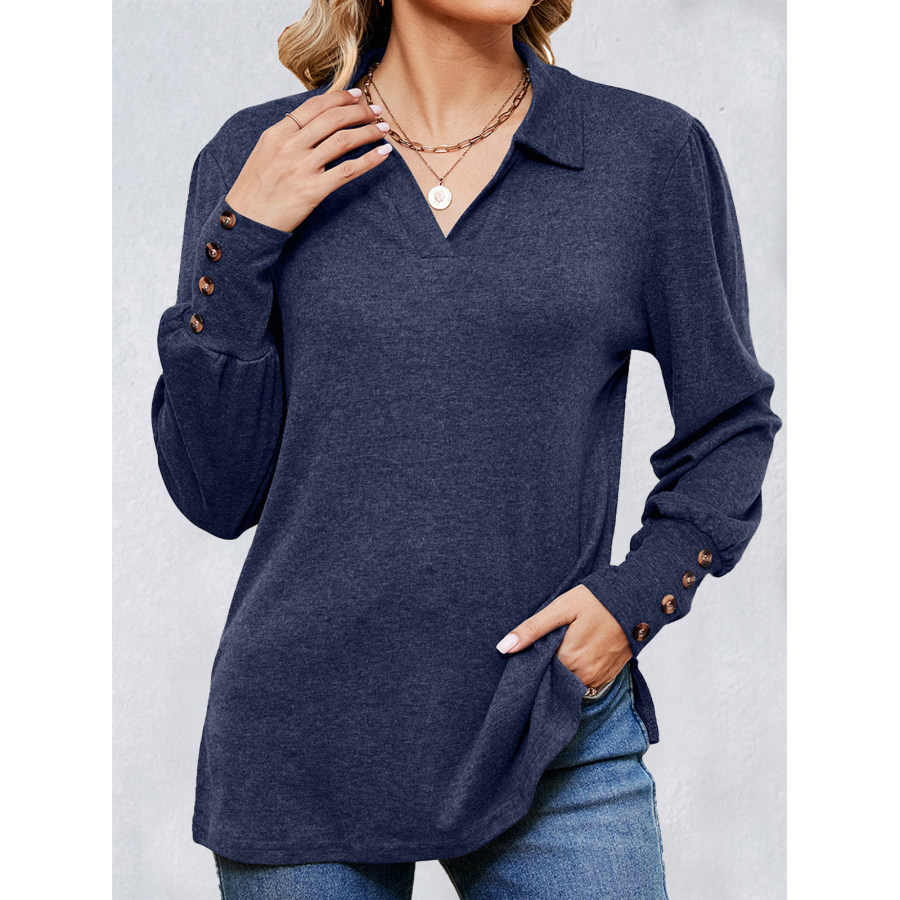 

Women's Lapel Button Brushed Loose Long Sleeve T-Shirt Top