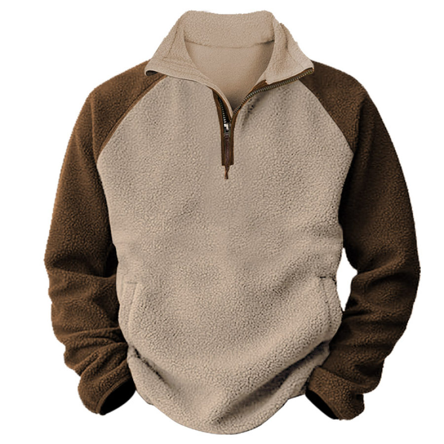 

Sudadera Para Hombre Vintage Fleece Con Un Cuarto De Cremallera Y Bolsillo Colorblock Tops Diarios