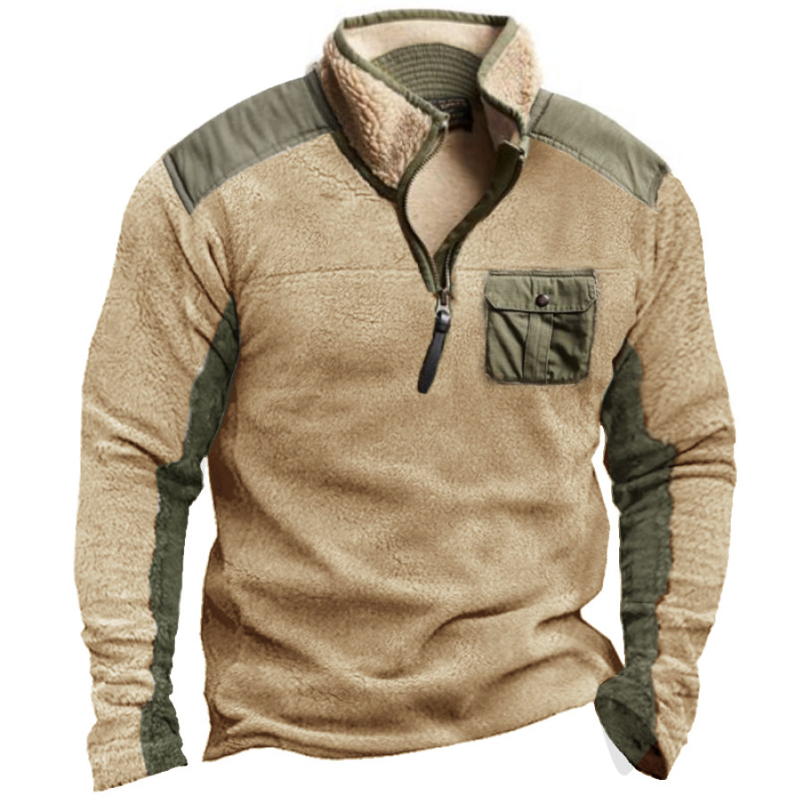 

Sudadera Con Cuello Levantado Henley Con Cremallera Informal Y Retales De Forro Polar Vintage Para Hombre