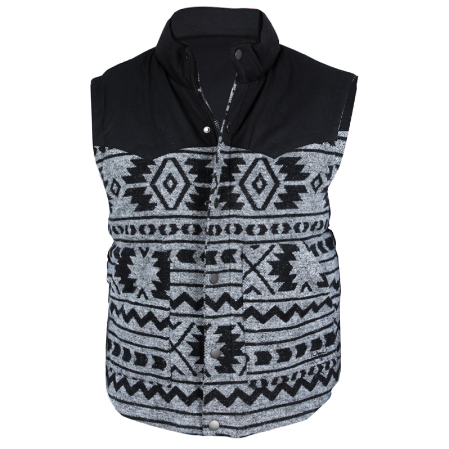 

Mens Vintage Ethnic Aztec Quilted Woolen Blend Vest Stand Collar Vest Jacket