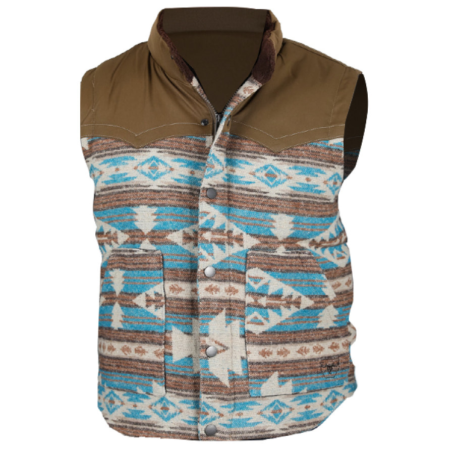 

Mens Vintage Ethnic Ethnic Geometric Pattern Woolen Blend Vest Stand Collar Vest Jacket Lake Blue