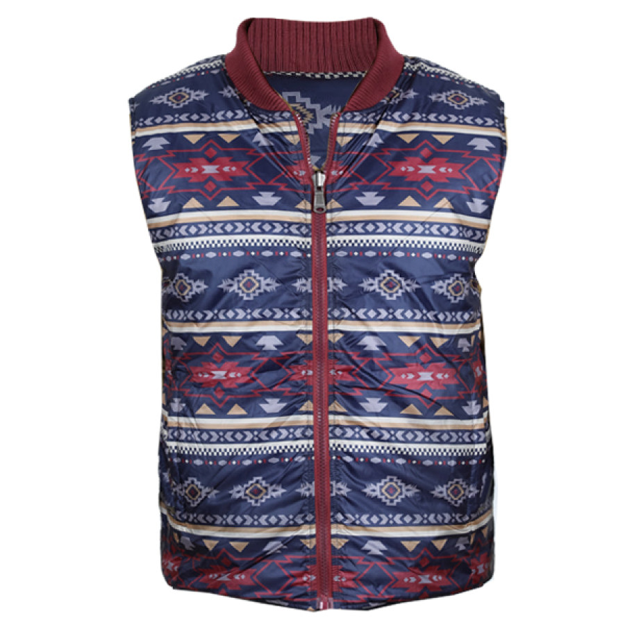 

Mens Vintage Ethnic Aztec Quilted Woolen Blend Vest Stand Collar Vest Jacket