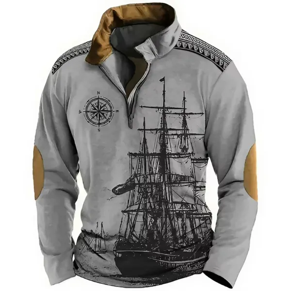 Men's Retro Nautical Sailing Compass Print Zipper Stand Collar Sweatshirt Christmas Holiday Tops Khaki Gray Black - Blaroken.com 