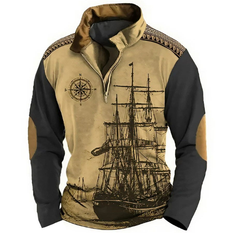 

Men's Retro Nautical Sailing Compass Print Zipper Stand Collar Sweatshirt Christmas Holiday Tops Khaki Gray Black