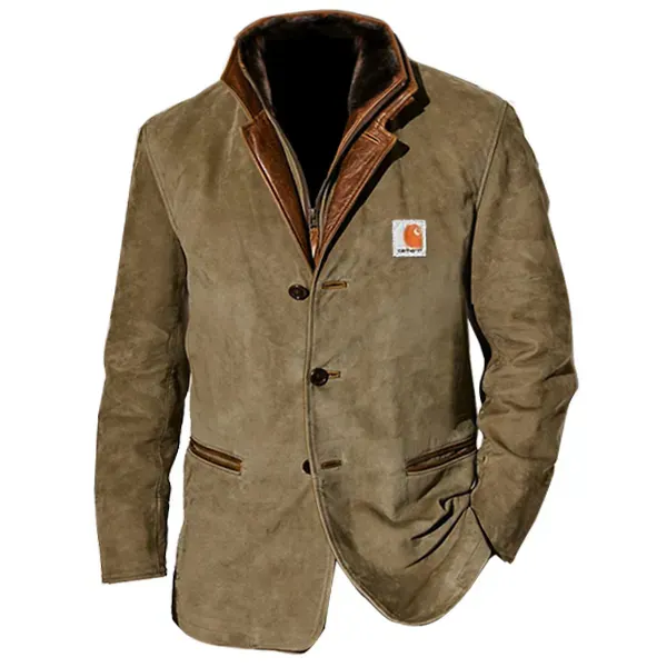 Plus Size Men Vintage Carlsbad Calfskin Leather Blazer With Merino Shearling Collar - Cotosen.com 
