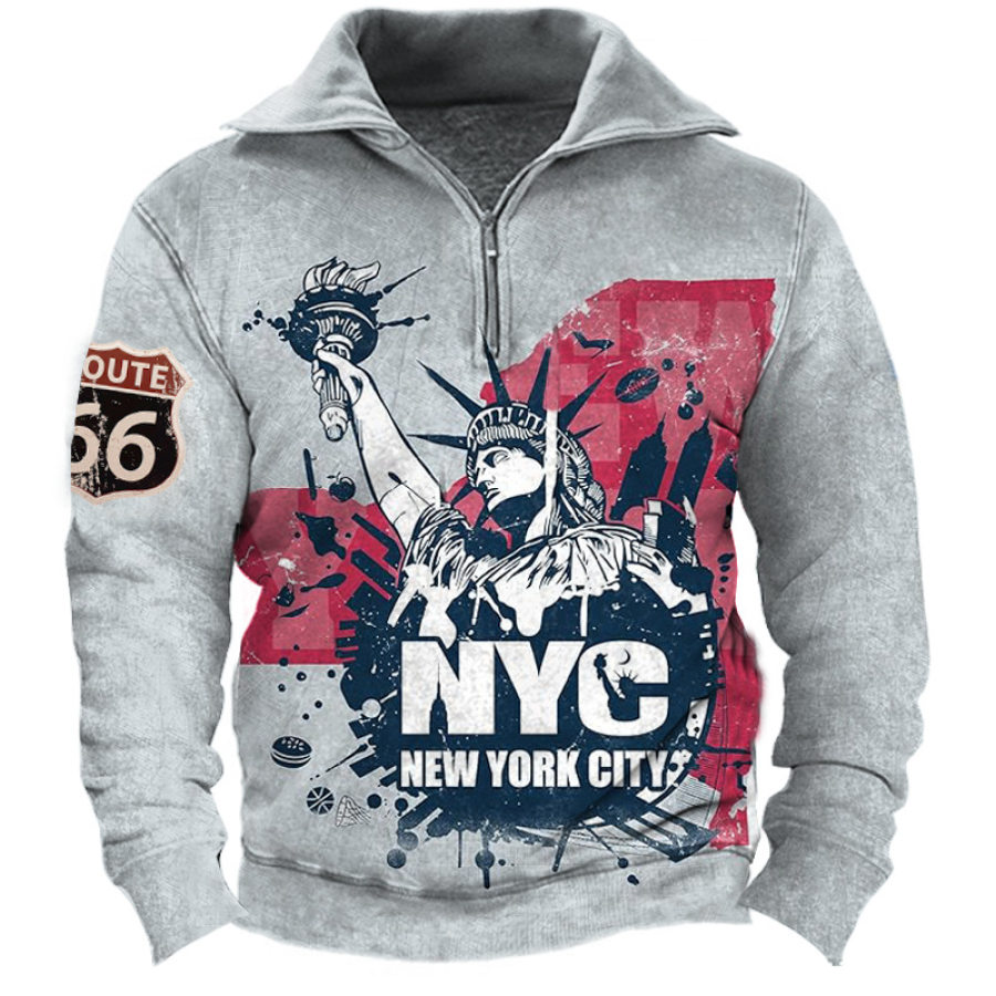 

Bedrucktes Vintage-Sweatshirt Mit Viertelreißverschlusskragen Für Herren Route 66 Lady Liberty