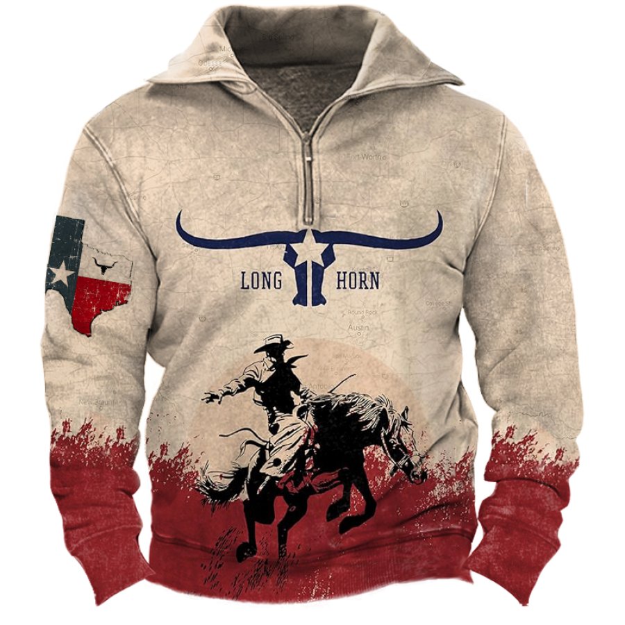 

Men's Retro Quarter Zip Collar Texas Western Cowboy Printed Sweatshirt