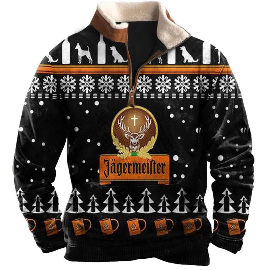 

Мужская толстовка с молнией на четверть Jagermeister Ugly Christmas плюшевый воротник винтажные повседневные топы