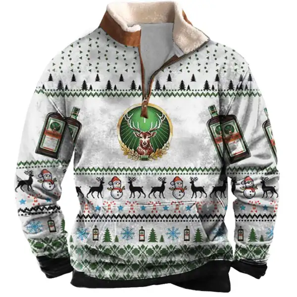 Men's Sweatshirt Quarter Zip Jagermeister Ugly Christmas Plush Collar Vintage Daily Tops - Cotosen.com