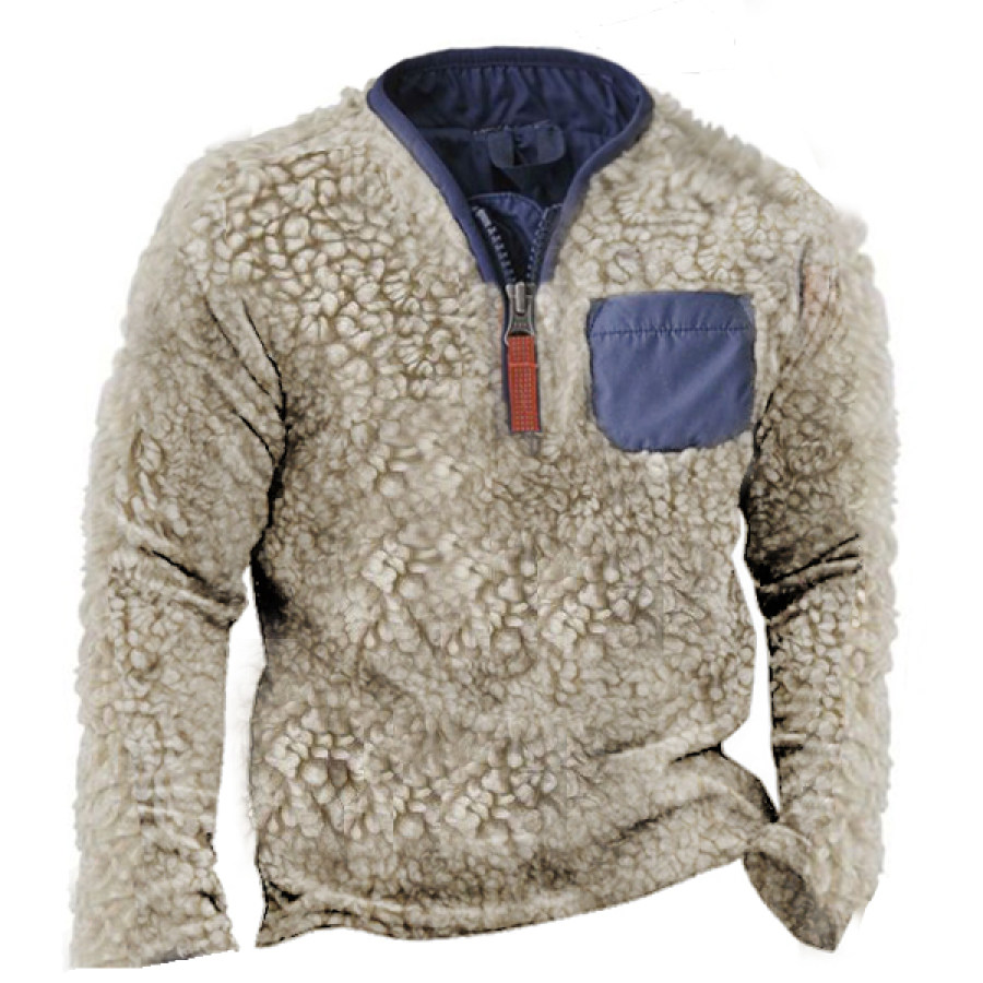 

Herren-Sweatshirt Aus Fleece Mit V-Ausschnitt Und Reißverschluss Outdoor Vintage-Stil Kontrastfarbe Tasche Taktischer Pullover