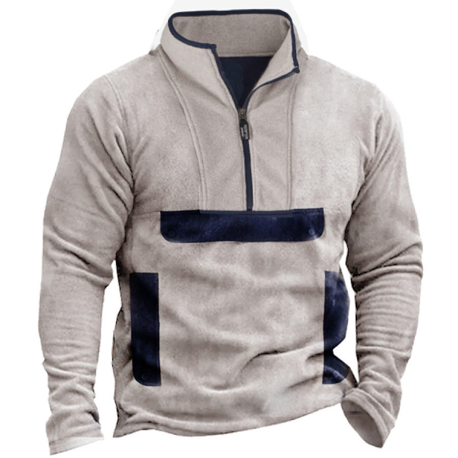 

Herren-Fleece-Sweatshirt Mit Halbem Reißverschluss Henley-Sweatshirt Outdoor Vintage Kontrastfarbe Taschen Kleiner Körnung Samt Taktischer Pullover