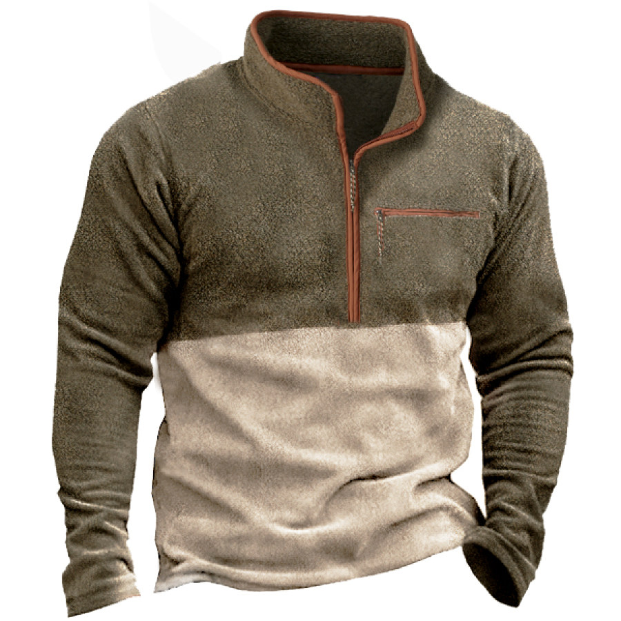 

Мужской флисовый свитшот с воротником-стойкой и полумолнией уличный винтажный бархатный тактический пуловер контрастного цвета с мелким зерном