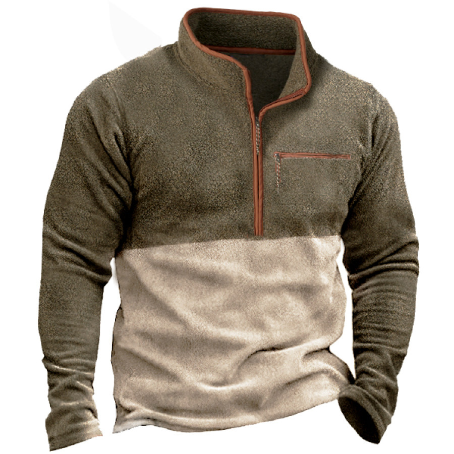 

Herren-Sweatshirt Aus Fleece Mit Halbem Reißverschluss Stehkragen Outdoor Vintage-Stil Kontrastfarbe Taschen Kleiner Körnung Samt Taktischer Pullover