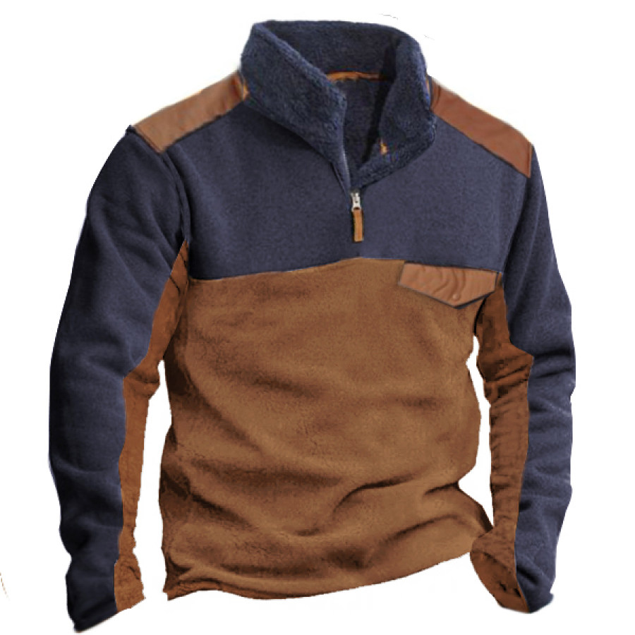 

Sweat-shirt Polaire à Col Henley Pour Hommes Sweat-shirt D'extérieur Rétro Couleur Contrastée Poche D'épissure Pull Tactique Chaud