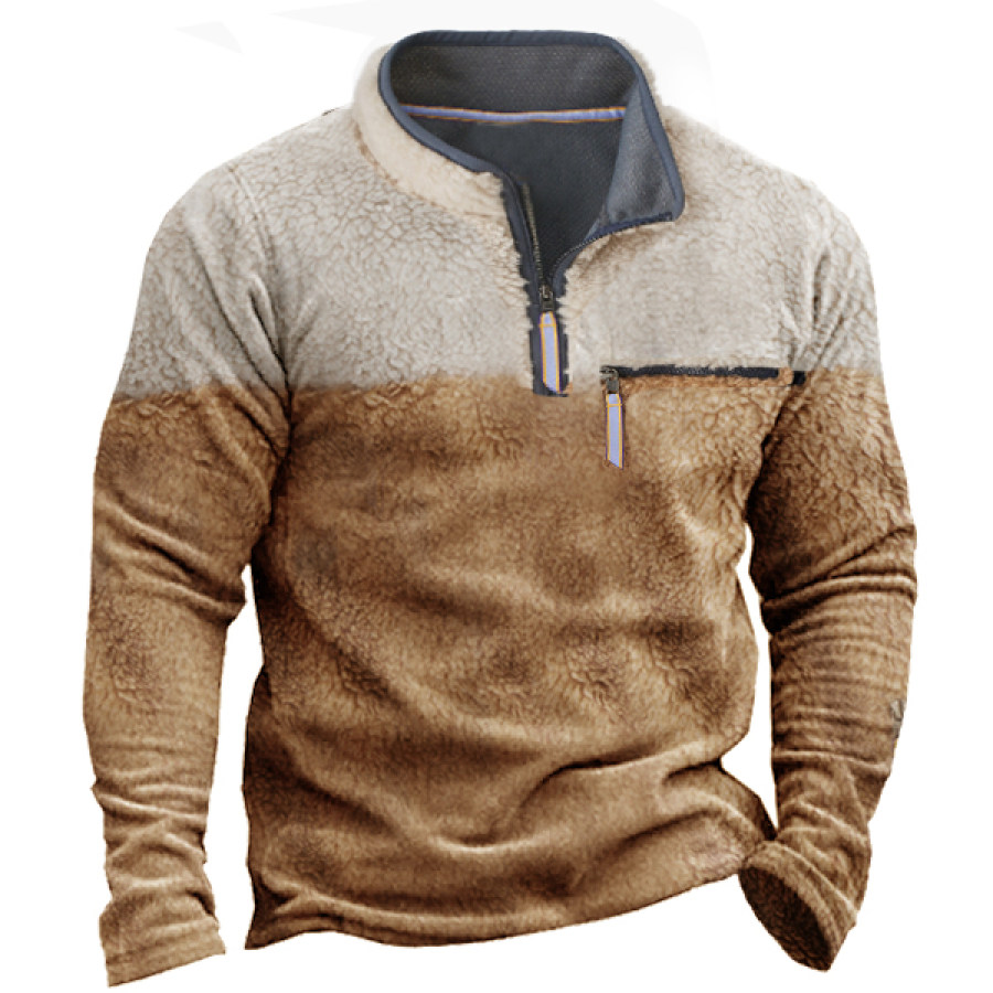 

Sudadera De Lana Con Media Cremallera Y Cuello Levantado Para Hombre Suéter Táctico De Lana De Felpa Con Bolsillos Con Cremallera De Color En Contraste Vintage Para Exteriores